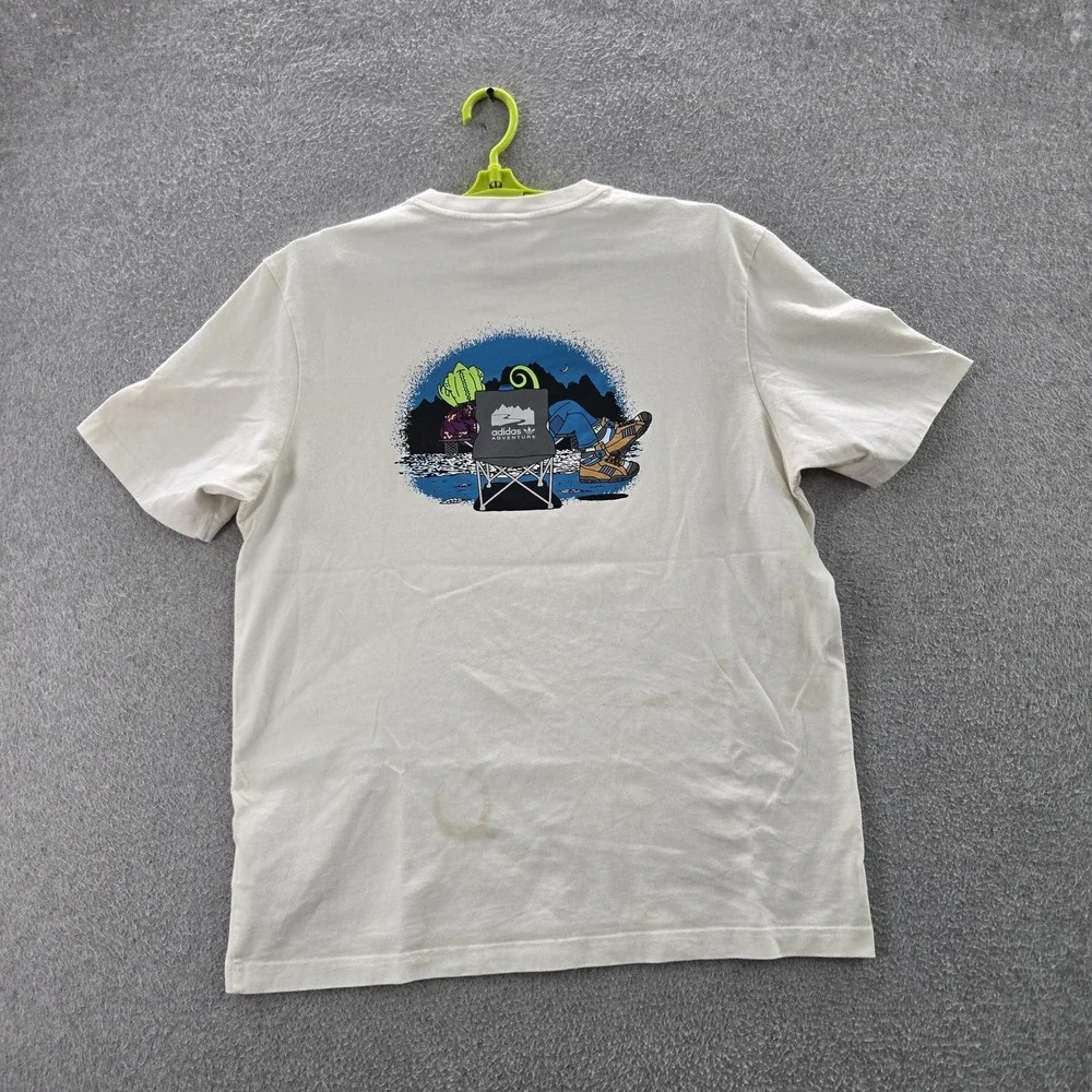 Adidas Men Shirt L White Graphic Print Adventure Camping Logo READ